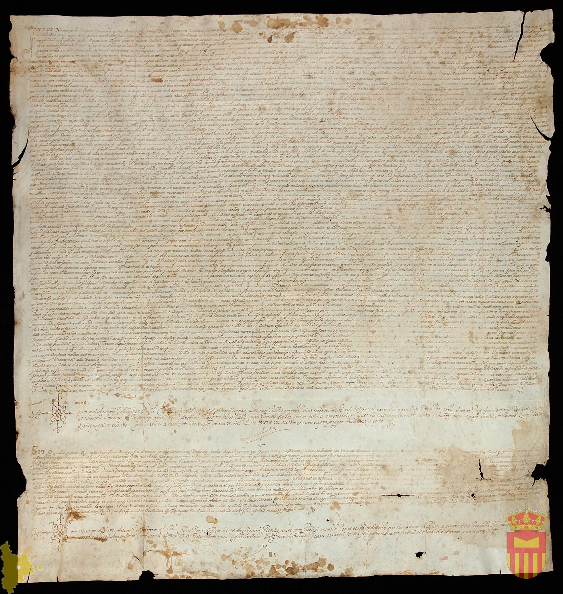 Traslado notarial de Antonio Viladamor del privilegio de Pedro IV por el que vende a Manuel de Entença Pozán de Vero, Castejón de Sobrarbe, Adahuesca y Sevil en 29 de julio de 1381 por precio de 8000 florines